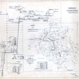 Oversiktskart, skjema, Tyssedal kraftverk. (Norsk Vasskraft- og Industristadmuseum sitt arkiv)